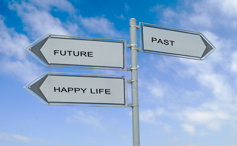 Road sign to future,past, and happy life